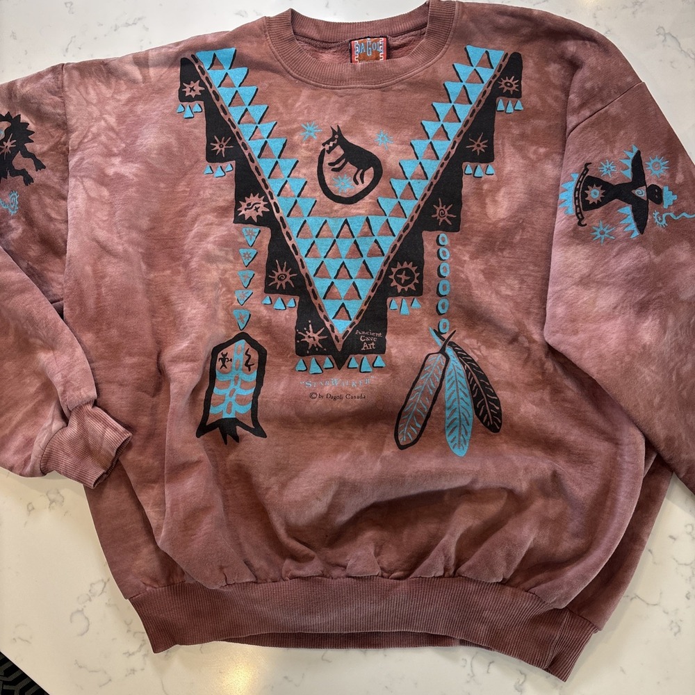 Vtg 90s Dagoli Sweatshirt‎ Tribal "Starwalker" Cave Art Double Sided Graphic LG